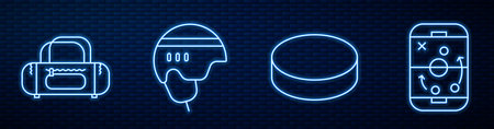 Set line Hockey puck, Sport bag, Hockey helmet, Planning strategy and Human broken bone. Glowing...