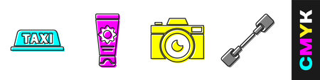 Set Taxi car roof, Sunscreen cream in tube, Photo camera and Paddle icon. Vector