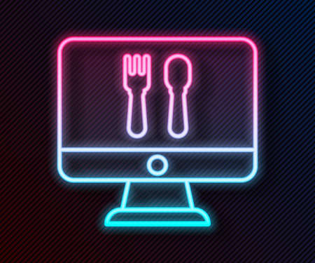 Glowing neon line Online ordering and fast food delivery icon isolated on black background. Vector Illustrationのイラスト素材