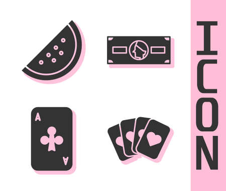 Set Deck of playing cards, Casino slot machine with watermelon, Playing card with clubs and Stacks paper money cash icon. Vectorのイラスト素材