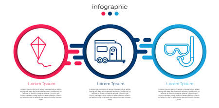 Set line Kite, Rv Camping trailer and Diving mask and snorkel. Business infographic template. Vectorのイラスト素材
