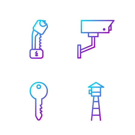 Set line Watch tower, Key, Police electric shocker and Security camera. Gradient color icons. Vectorのイラスト素材