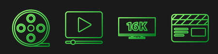 Set line Screen tv with 16k, Film reel, Online play video and Movie clapper. Gradient color icons....