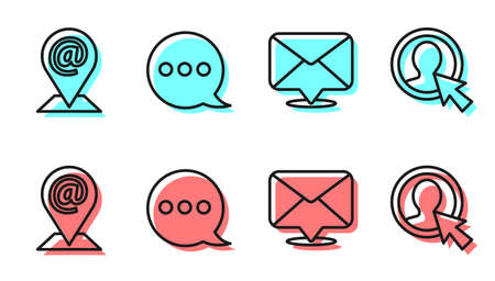 Set line Envelope, Location and mail and e-mail, Speech bubble chat and Create account screen icon. Vectorのイラスト素材