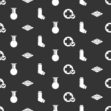 Set Cross hospital medical, Medicine pill or tablet, Test tube and flask and Inhaler on seamless pattern. Vectorのイラスト素材