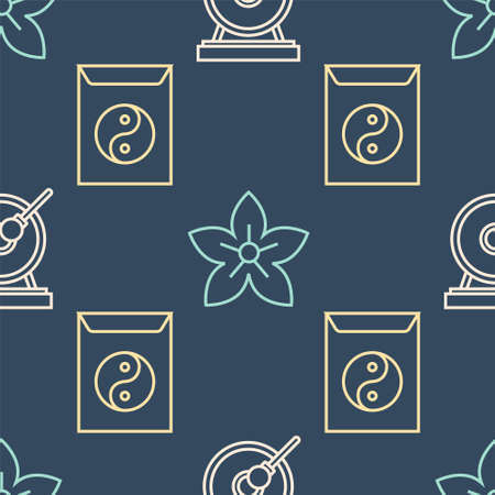 Set line Gong, Yin Yang and envelope and Lotus flower on seamless pattern. Vectorのイラスト素材