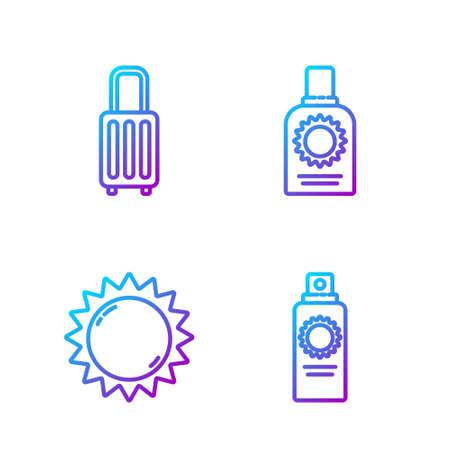 Set line Sunscreen spray bottle, Sun, Suitcase and Sunscreen spray bottle. Gradient color icons. Vectorのイラスト素材