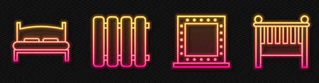 Set line Makeup mirror with lights, Big bed, Heating radiator and Baby crib cradle bed. Glowing neon icon. Vectorのイラスト素材