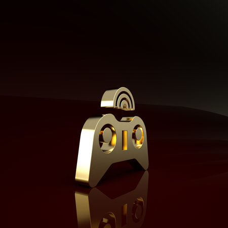 Gold Wireless gamepad icon isolated on brown background. Game controller. Minimalism concept. 3d...