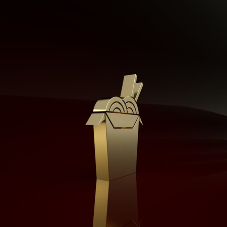 Gold Asian noodles in paper box and chopsticks icon isolated on brown background. Street fast food....