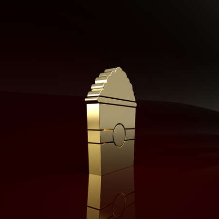 Gold Popcorn in cardboard box icon isolated on brown background. Popcorn bucket box. Minimalism concept. 3d illustration 3D renderの写真素材