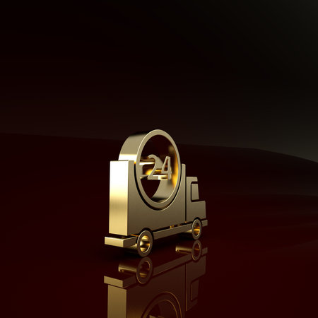 Gold Fast round the clock delivery by car icon isolated on brown background. Minimalism concept. 3d...