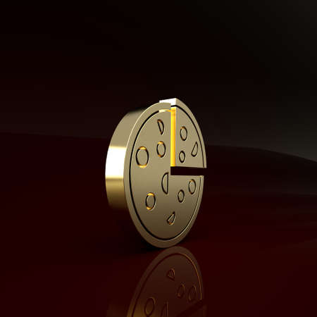 Gold Pizza icon isolated on brown background. Fast food menu. Minimalism concept. 3d illustration 3D renderの写真素材