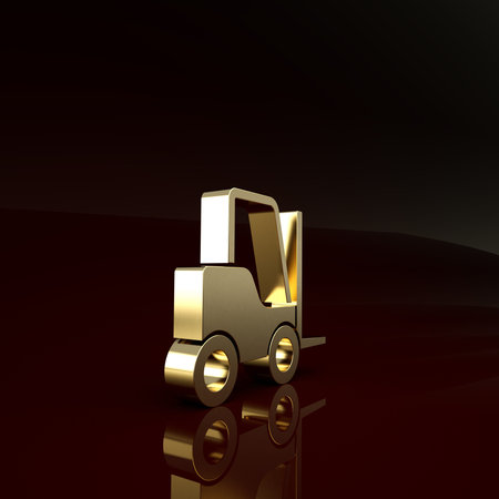 Gold Forklift truck icon isolated on brown background. Fork loader and cardboard box. Cargo...