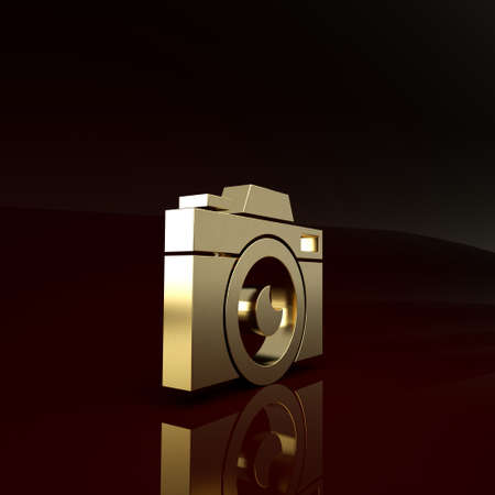 Gold Photo camera icon isolated on brown background. Foto camera icon. Minimalism concept. 3d illustration 3D renderの写真素材
