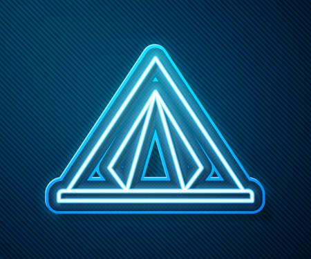 Glowing neon line Tourist tent icon isolated on blue background. Camping symbol. Vector Illustrationのイラスト素材
