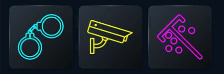 Set line Handcuffs, Stick for chips and Security camera. Black square button. Vectorのイラスト素材