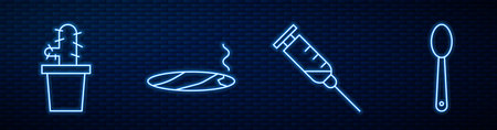 Set line Syringe, Cactus peyote in pot, Cigar with smoke and Heroin in a spoon. Glowing neon icon on...