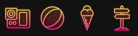 Set line Ice cream in waffle cone, Photo camera, Beach ball and Road traffic signpost. Glowing neon icon. Vectorのイラスト素材