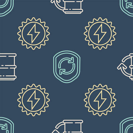 Set line Eco fuel barrel, Solar energy panel and Recycle symbol inside shield on seamless pattern. Vectorのイラスト素材