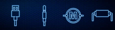 Set line Electric circuit scheme, USB cable cord, Audio jack and Resistor electricity. Glowing neon icon on brick wall. Vectorのイラスト素材
