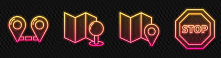 Set line Folded map with location marker, Route location, Folded map with push pin and Stop sign. Glowing neon icon. Vectorのイラスト素材
