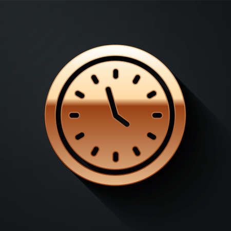 Gold Clock icon isolated on black background. Time symbol. Long shadow style. Vector Illustrationのイラスト素材