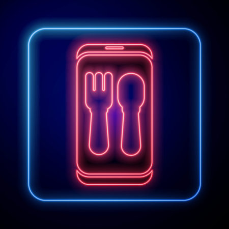 Glowing neon Online ordering and fast food delivery icon isolated on blue background. Burger sign. Vector Illustrationのイラスト素材
