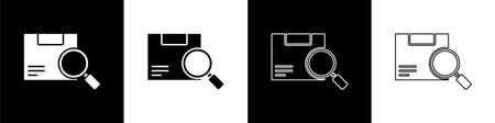 Set Search package icon isolated on black and white background. Parcel tracking. Magnifying glass and cardboard box. Logistic and delivery. Vector Illustrationのイラスト素材
