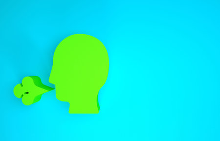 Green Man coughing icon isolated on blue background. Viral infection, influenza, flu, cold symptom....