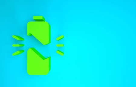 Green Broken battery icon isolated on blue background. Minimalism concept. 3d illustration 3D render