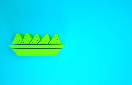 Green Nachos in plate icon isolated on blue background. Tortilla chips or nachos tortillas. Traditional mexican fast food menu. Minimalism concept. 3d illustration 3D renderの写真素材