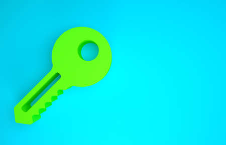 Green Key icon isolated on blue background. Minimalism concept. 3d illustration 3D renderの写真素材