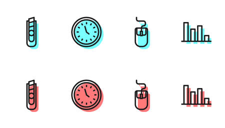Set line Computer mouse, Stationery knife, Clock and Pie chart infographic icon. Vectorのイラスト素材