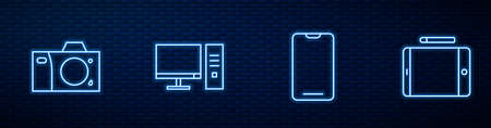 Set line Smartphone, mobile phone, Photo camera, Computer monitor and Graphic tablet. Glowing neon icon on brick wall. Vectorのイラスト素材