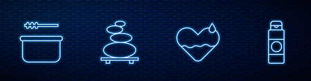 Set line Heart heal, Sauna bucket and ladle, Stack hot stones and Cream or lotion cosmetic tube. Glowing neon icon on brick wall. Vectorのイラスト素材