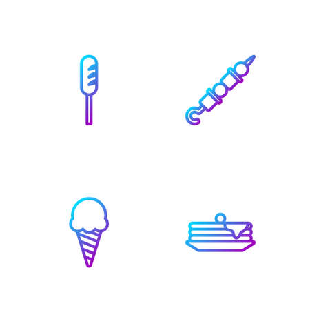 Set line Stack of pancakes, Ice cream in waffle cone, Fried sausage and Grilled shish kebab. Gradient color icons. Vectorのイラスト素材