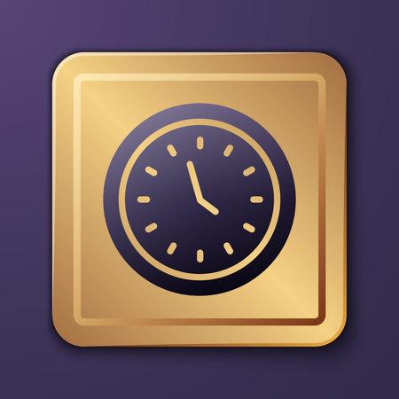 Purple Clock icon isolated on purple background. Time symbol. Gold square button. Vector...