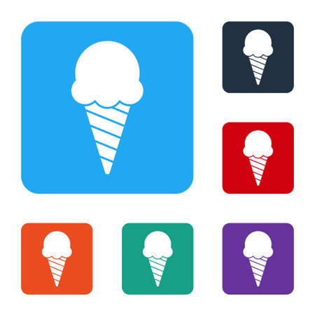 White Ice cream in waffle cone icon isolated on white background. Sweet symbol. Set icons in color square buttons. Vector Illustrationのイラスト素材