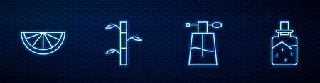 Set line Perfume, Citrus fruit, Bamboo stems with leaves and Spa salt. Glowing neon icon on brick wall. Vectorのイラスト素材