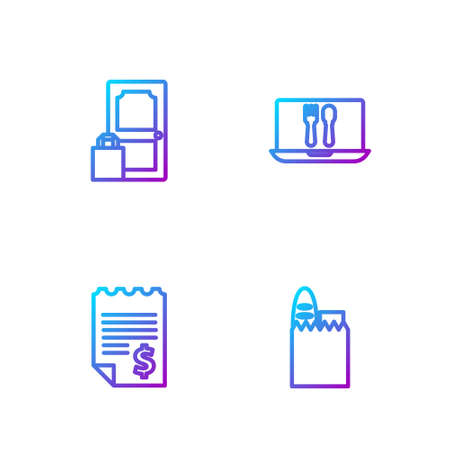 Set line Shopping bag and food, Paper or financial check, Online ordering delivery and . Gradient color icons. Vectorのイラスト素材