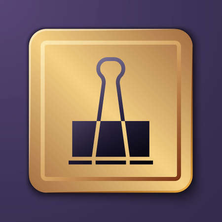 Purple Binder clip icon isolated on purple background. Paper clip. Gold square button. Vector Illustrationのイラスト素材