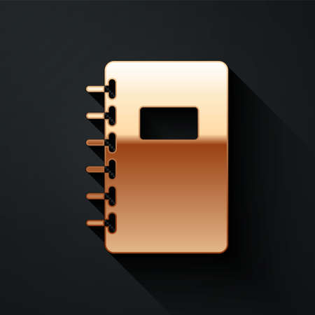 Gold Notebook icon isolated on black background. Spiral notepad icon. School notebook. Writing pad. Diary for school. Long shadow style. Vector Illustrationのイラスト素材