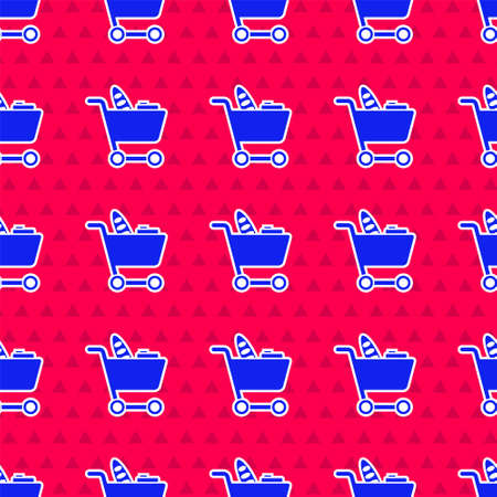Blue Shopping cart and food icon isolated seamless pattern on red background. Food store, supermarket. Vector Illustrationのイラスト素材