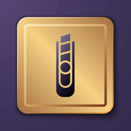 Purple Stationery knife icon isolated on purple background. Office paper cutter. Gold square button. Vector Illustrationのイラスト素材