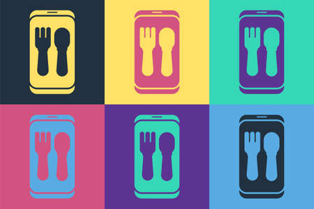 Pop art Online ordering and fast food delivery icon isolated on color background. Burger sign. Vector Illustrationのイラスト素材