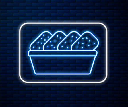 Glowing neon line Chicken nuggets in box icon isolated on brick wall background. Vector Illustrationのイラスト素材