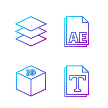 Set line Text file document, Isometric cube, Layers and AE file document. Gradient color icons. Vectorのイラスト素材
