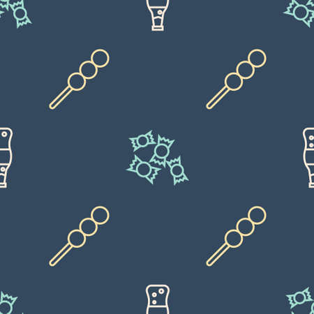 Set line Bottle of water, Meatballs on wooden stick and Candy on seamless pattern. Vectorのイラスト素材