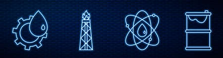 Set line Atom, Oil industrial factory building, Oil rig with fire, Barrel oil leak and Oil exchange. Glowing neon icon on brick wall. Vectorのイラスト素材
